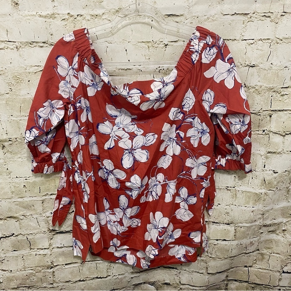 NWT LOFT Burnt Orange Floral Tie 3/4 Sleeve Off The Shoulder Top